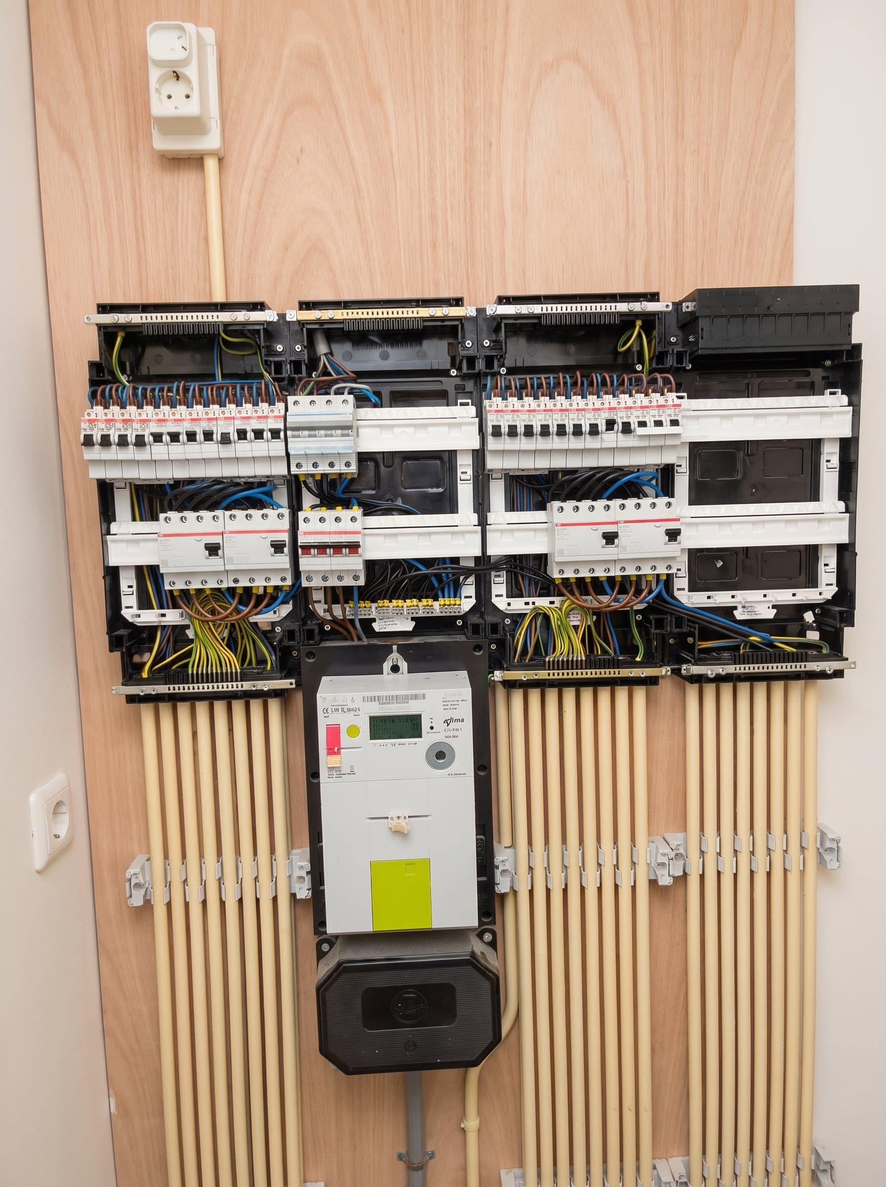 Afgemonteerde verdeelinstallatie op een multiplexplaat: vier verdeelkasten met de kappen eraf, rijen automaten en aardlekschakelaars, en daaronder de slimme meter met de installatiebuizen strak in beugels.